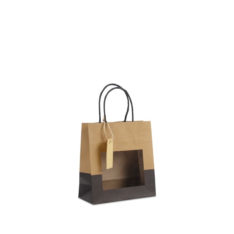 Twisted paper gift bags with window and hang tag